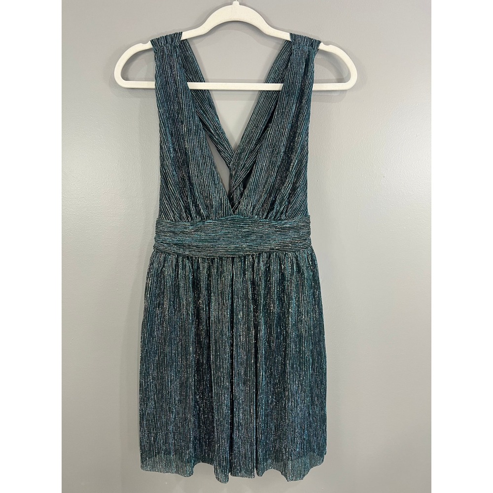 Lulus Mini Dress Womens Size M Teal Blue Silver Metallic Pleated V-Neck Great